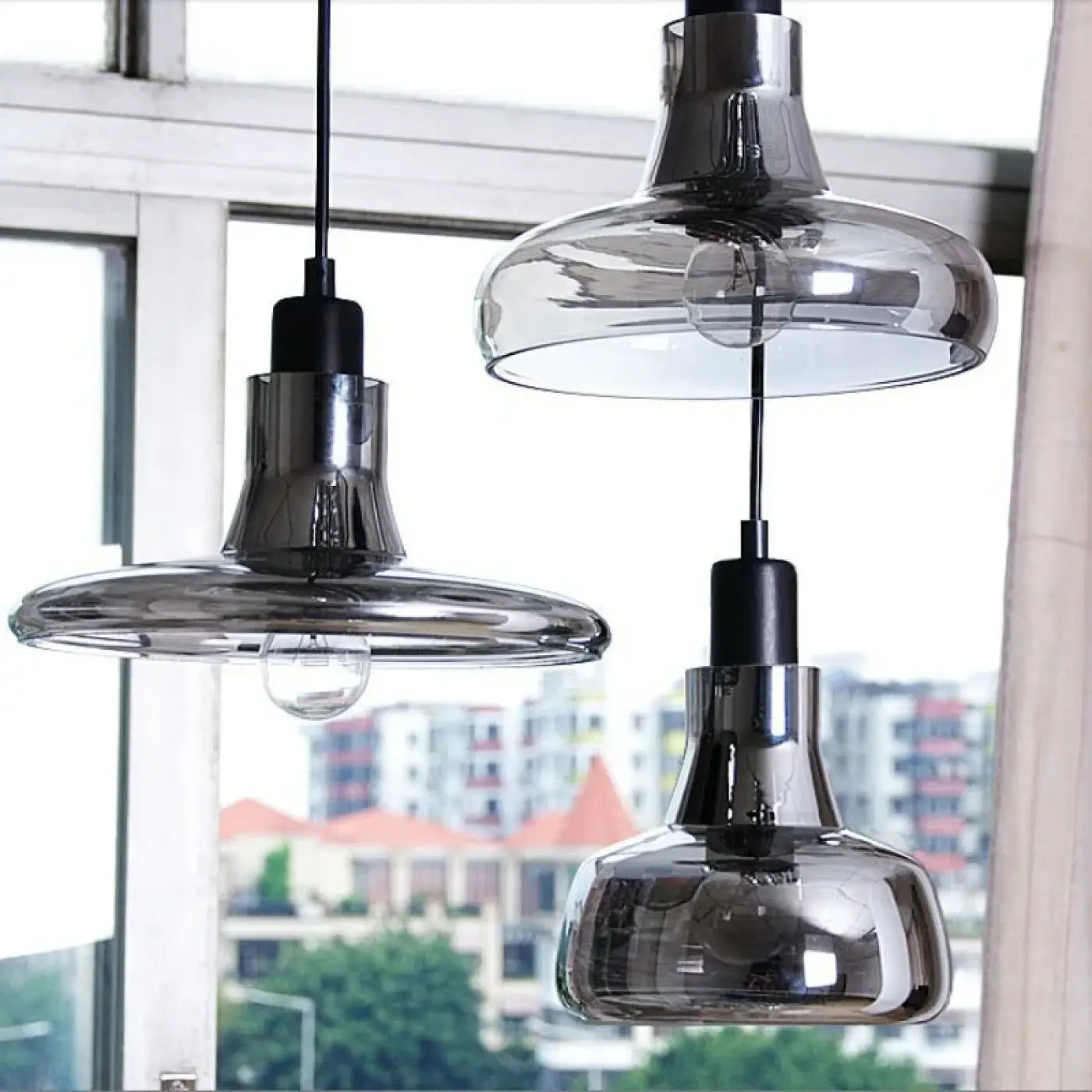 Smoked Glass Pendant Light E27 Modern Industrial 4 Shapes