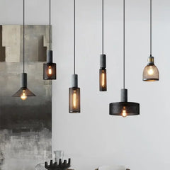 Industrial Loft Glass Pendant Light E27 Black Metal 8 Shapes