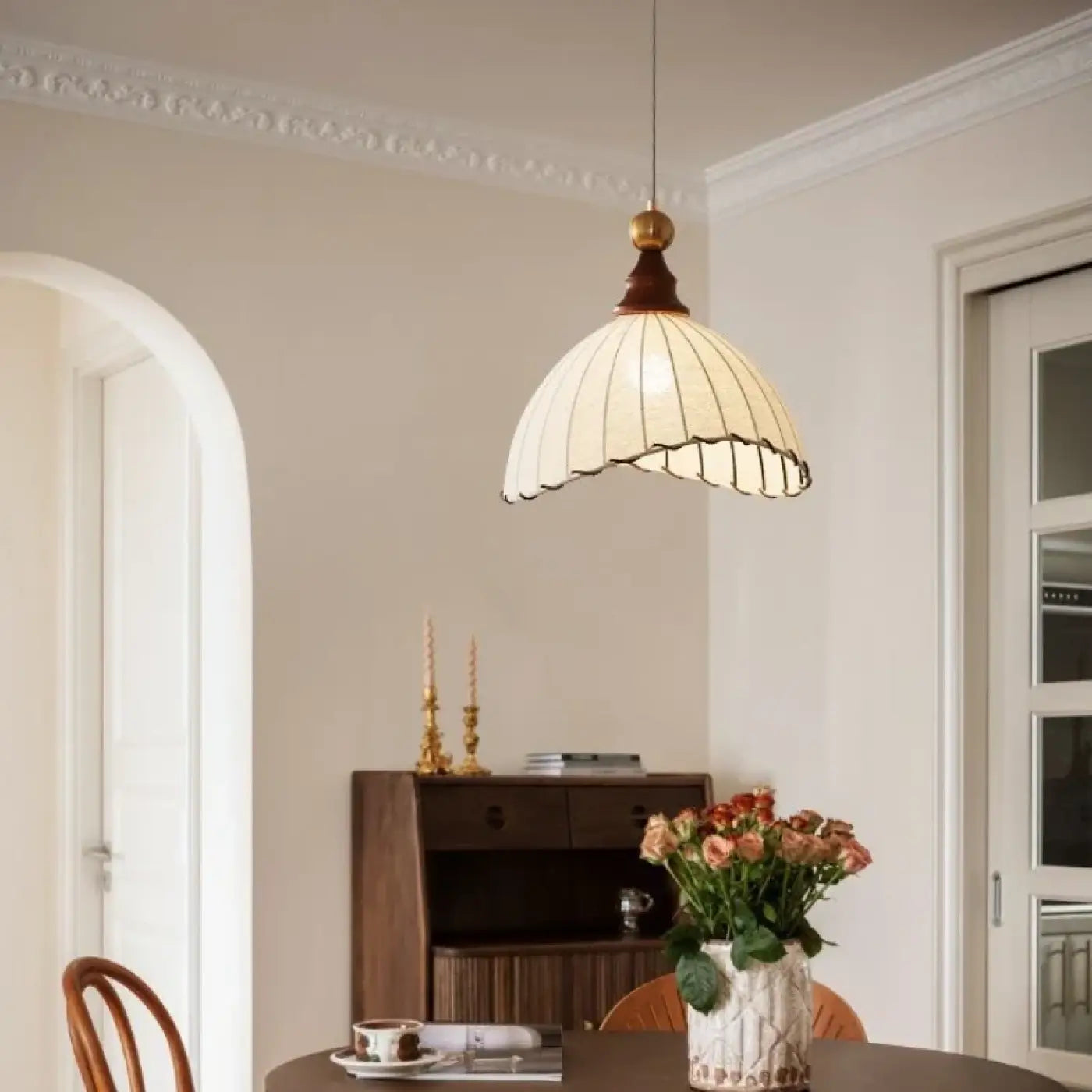 Vintage Fabric Pendant Light Metal E27 Beige Brown