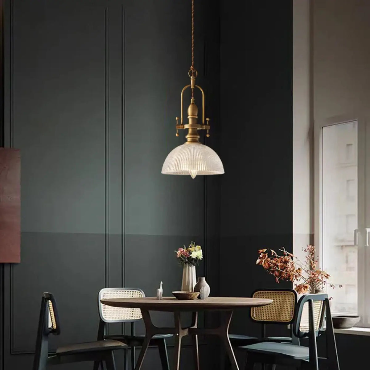 Vintage Brass Ribbed Glass Pendant Light E27 LED Gold
