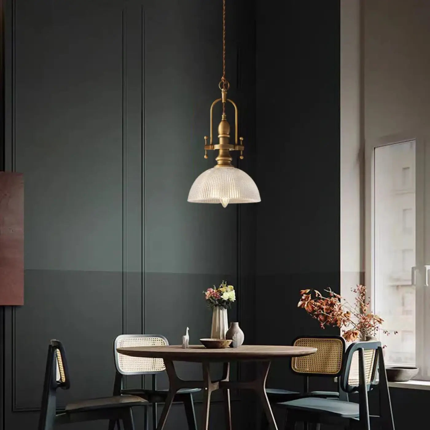 Vintage Brass Ribbed Glass Pendant Light E27 LED Gold