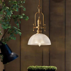 Vintage Brass Ribbed Glass Pendant Light E27 LED Gold