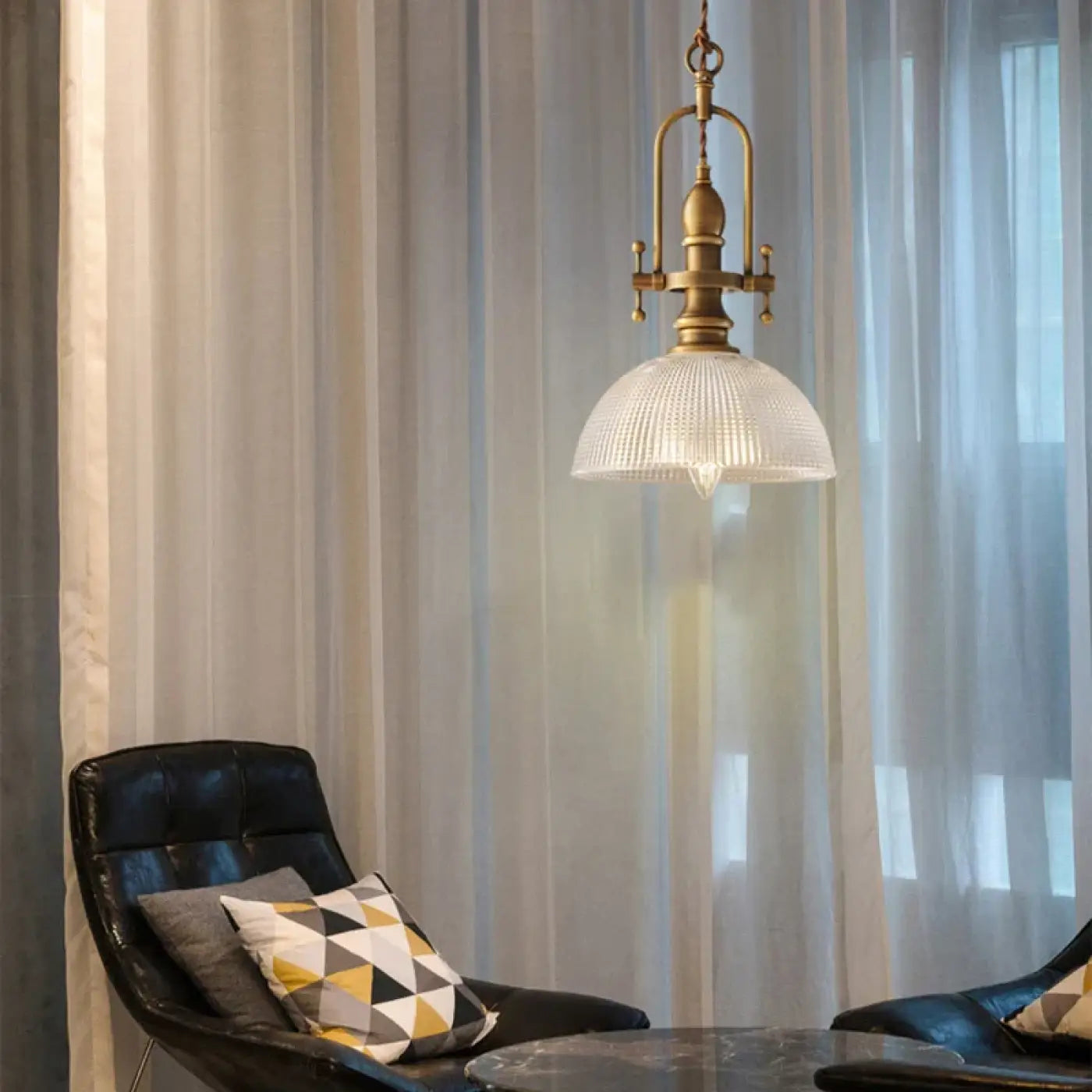 Vintage Brass Ribbed Glass Pendant Light E27 LED Gold