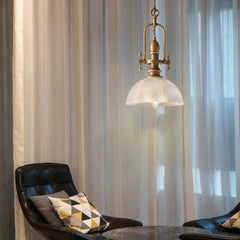 Vintage Brass Ribbed Glass Pendant Light E27 LED Gold