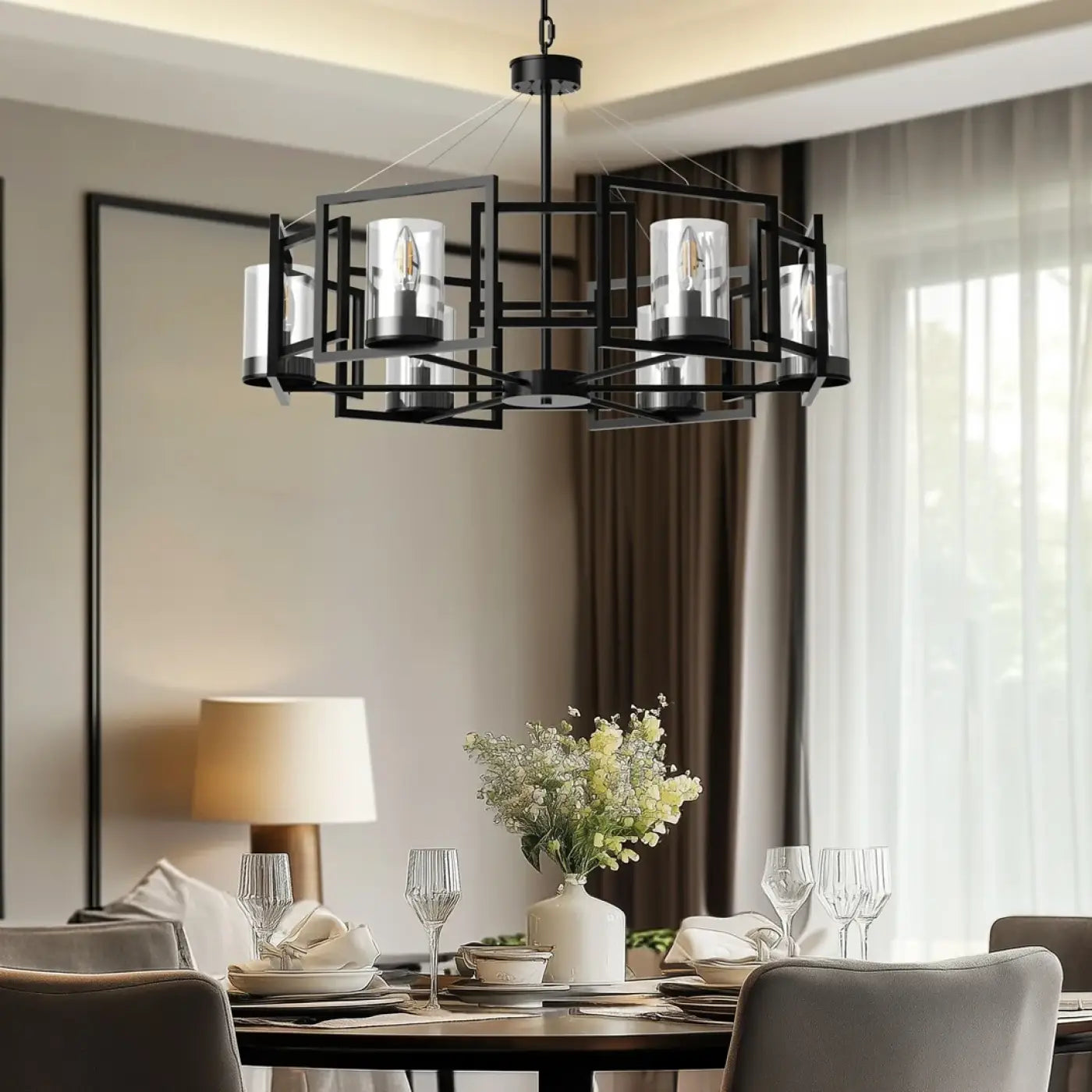 6-Light Vintage Pendant Light E14 Glass Metal Black Amber