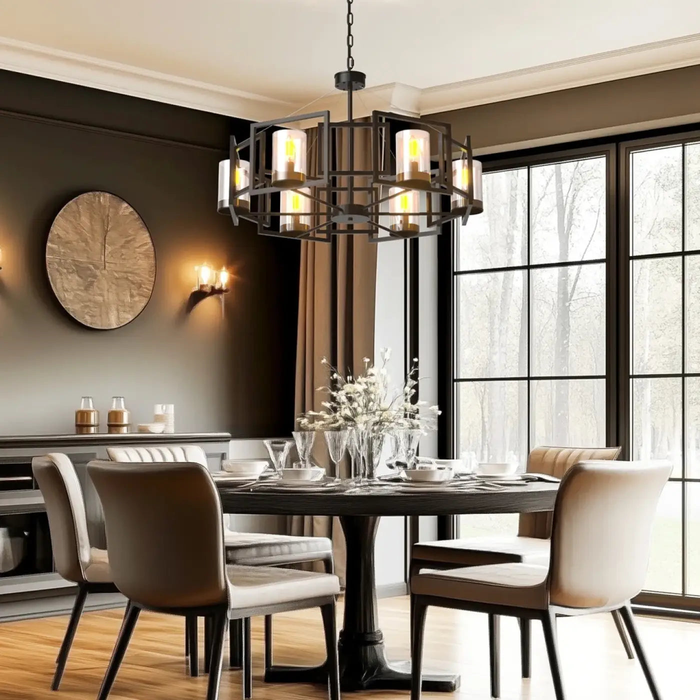 6-Light Vintage Pendant Light E14 Glass Metal Black Amber