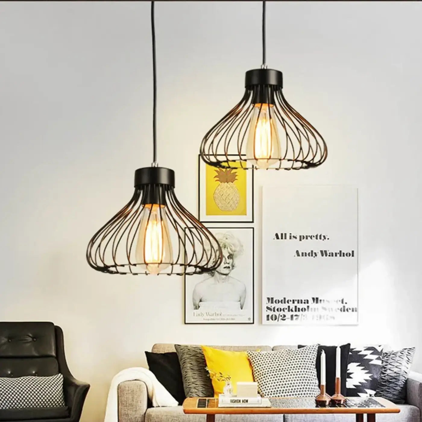 Black Metal Cage Pendant Light E27 Industrial Flared