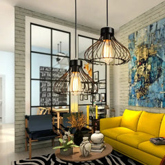 Black Metal Cage Pendant Light E27 Industrial Flared
