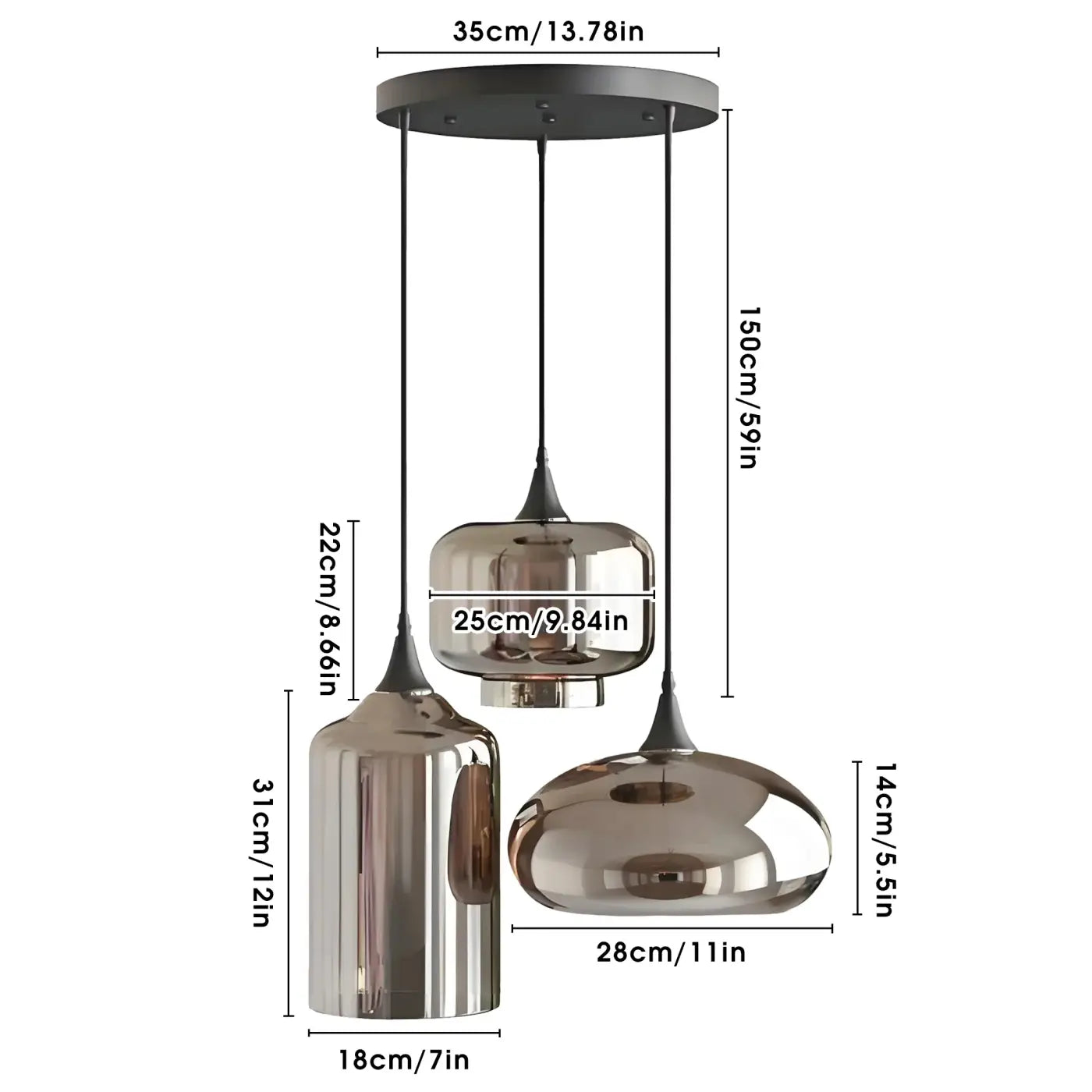 3-Light Smoked Glass Pendant Light E27 Silver — 46×53cm