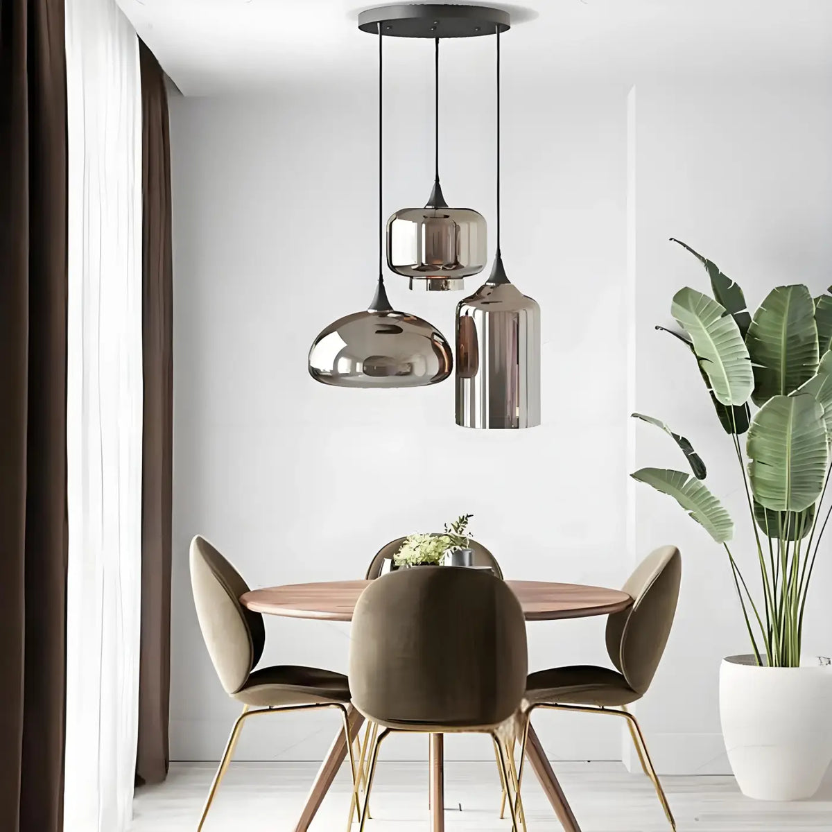 3-Light Smoked Glass Pendant Light E27 Silver — 46×53cm