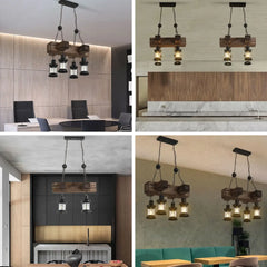 Black Wood Industrial Lantern Pendant Light E27 4-Head