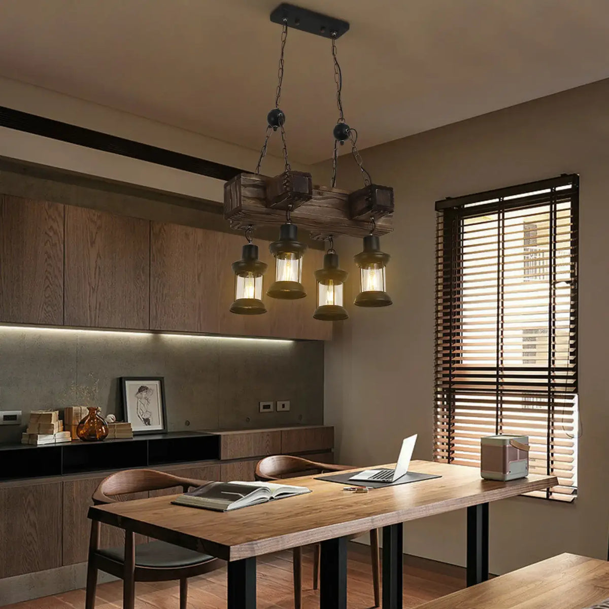 Black Wood Industrial Lantern Pendant Light E27 4-Head