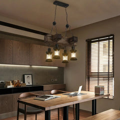 Black Wood Industrial Lantern Pendant Light E27 4-Head