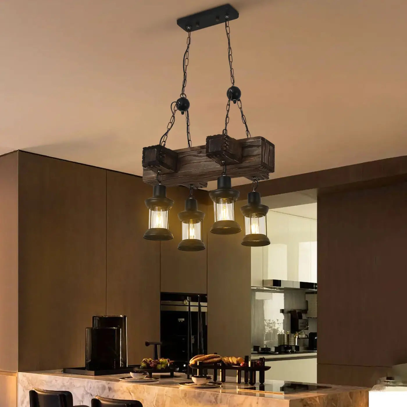 Black Wood Industrial Lantern Pendant Light E27 4-Head