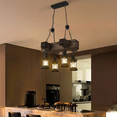 Black Wood Industrial Lantern Pendant Light E27 4-Head