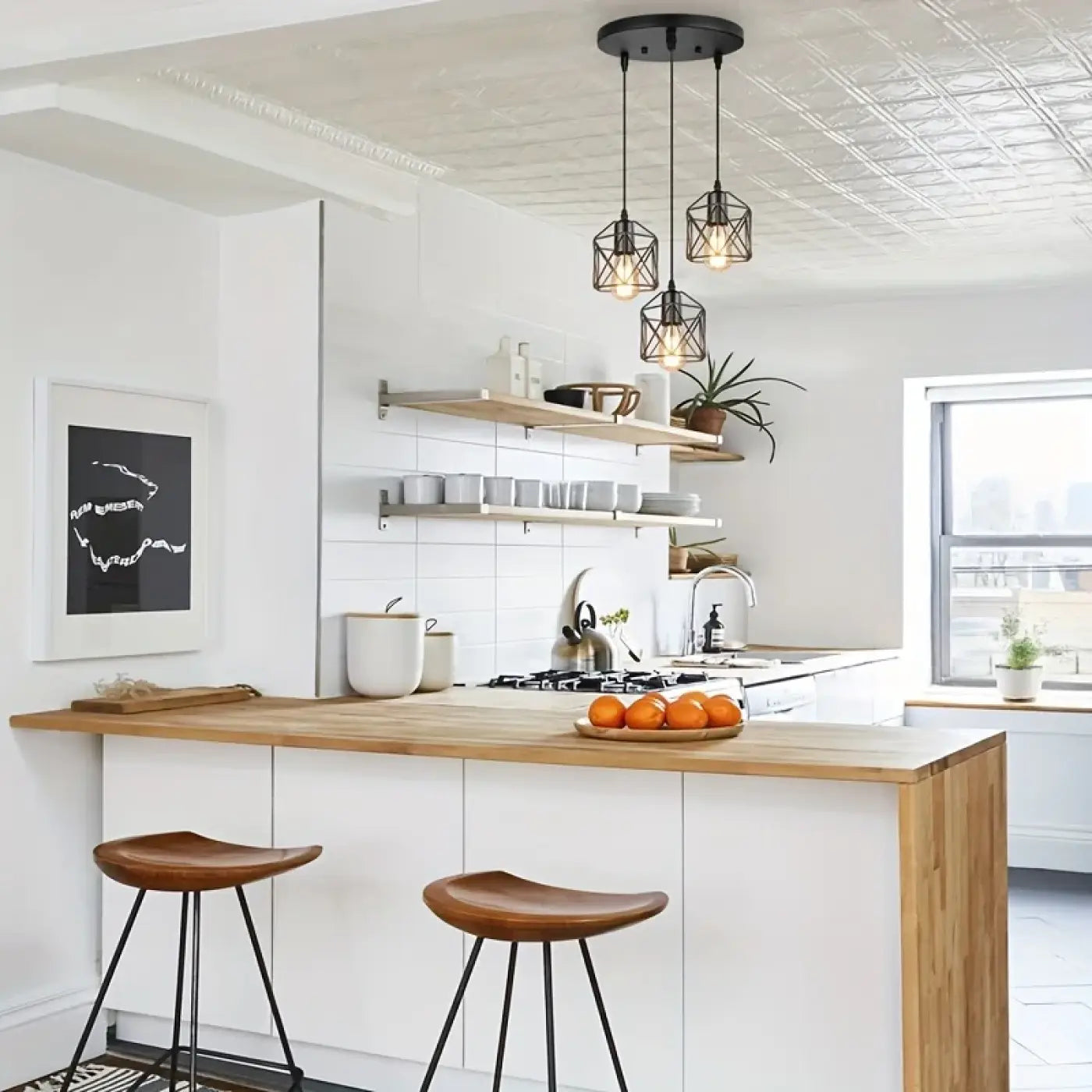 Black Industrial Triple Cage Pendant Light E27 3 Geometric Shades
