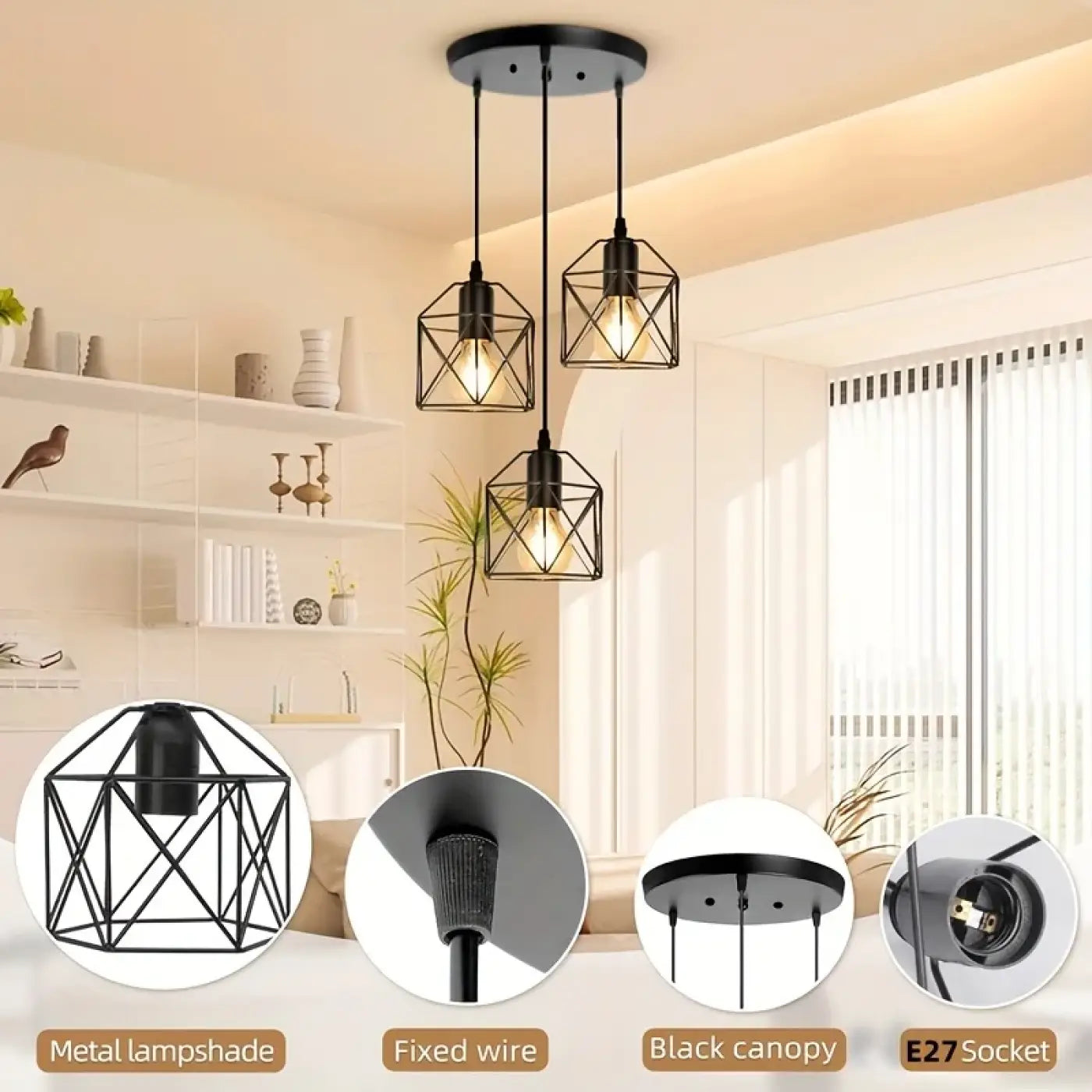 Black Industrial Triple Cage Pendant Light E27 3 Geometric Shades