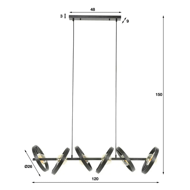 Industrial Triple Pendant Light 6 Rotatable Ring Shades E27 W120cm